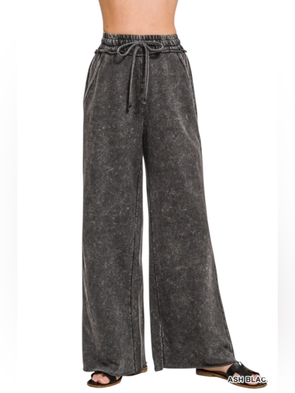 NEW Zenana Ash Black Wash Cotton French Terry Wide Leg Pants 3x